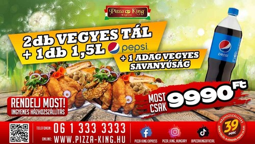 Pizza King Győr - 2db vegyes tál, 1db 1,5l pepsi és egy adag vegyes savanyúság - Szuper ajánlat - Online rendelés